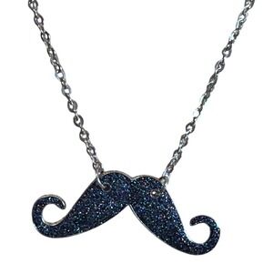 Silver Tone Blue Glitter Handlebar Mustache Pendant Necklace Quirky Retro Style